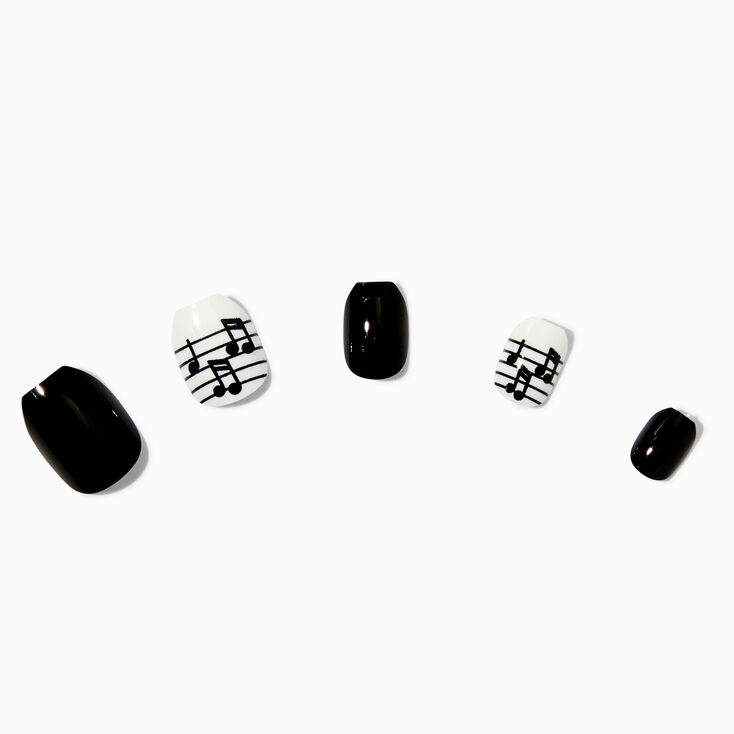 Black &amp; White Music Notes Coffin Press On Vegan Faux Nail Set - 24 Pack,