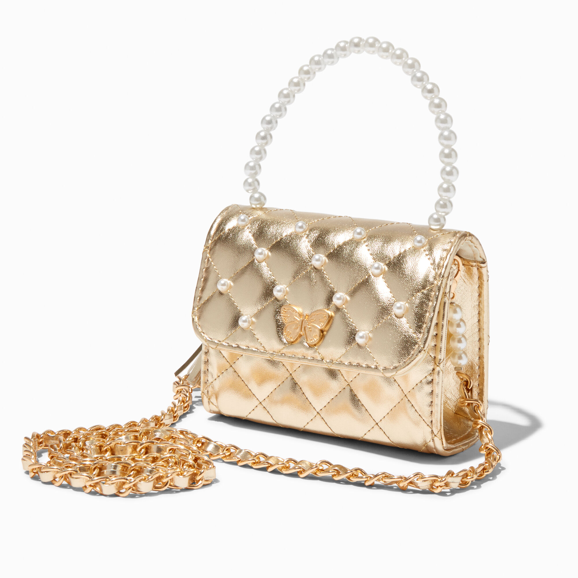 View Claires Club Quilted Pearl Crossbody Bag Gold information