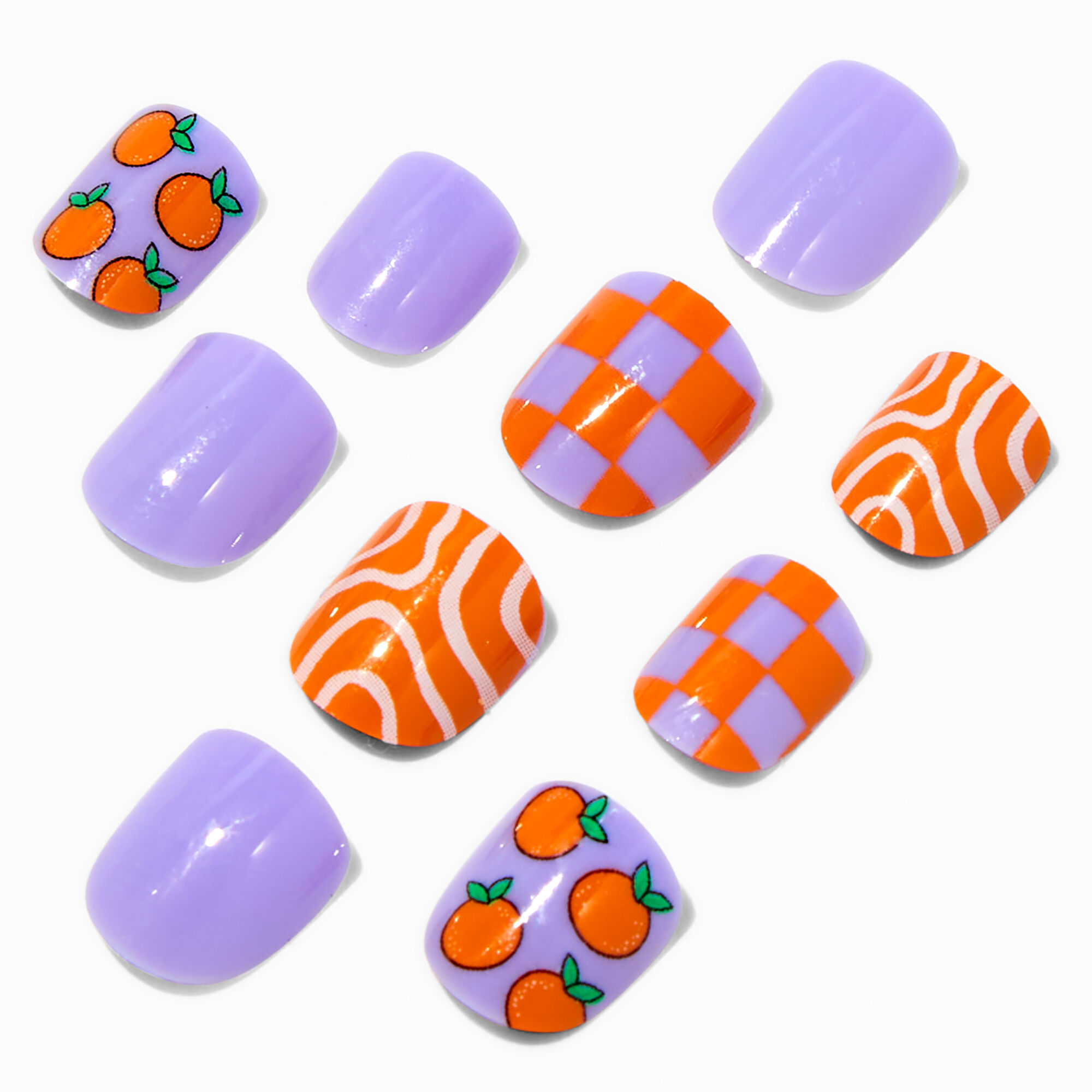 View Claires Club Patterned Square Press On Vegan Faux Nail Set 10 Pack Orange information
