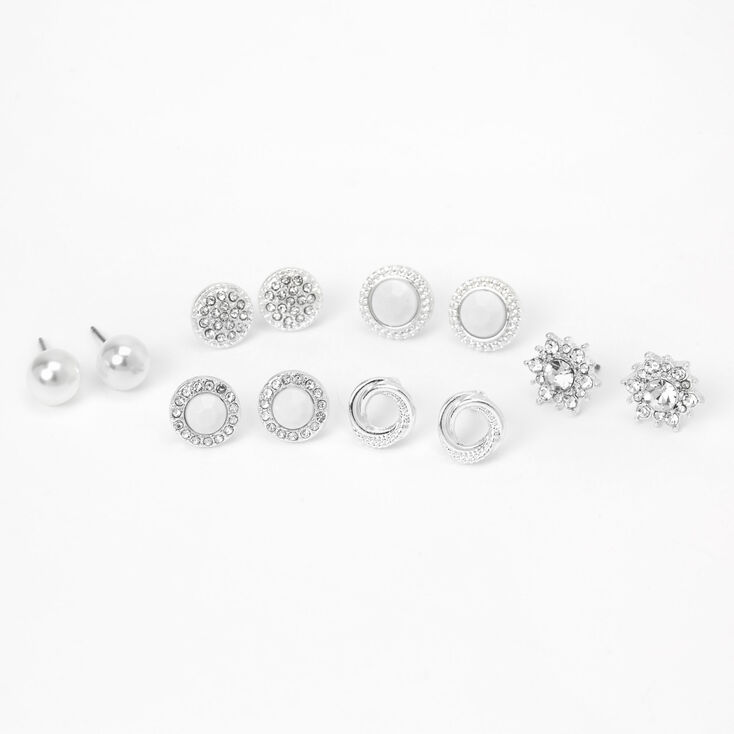 Silver Crystal Pearl Stud Earrings - White, 6 Pack,