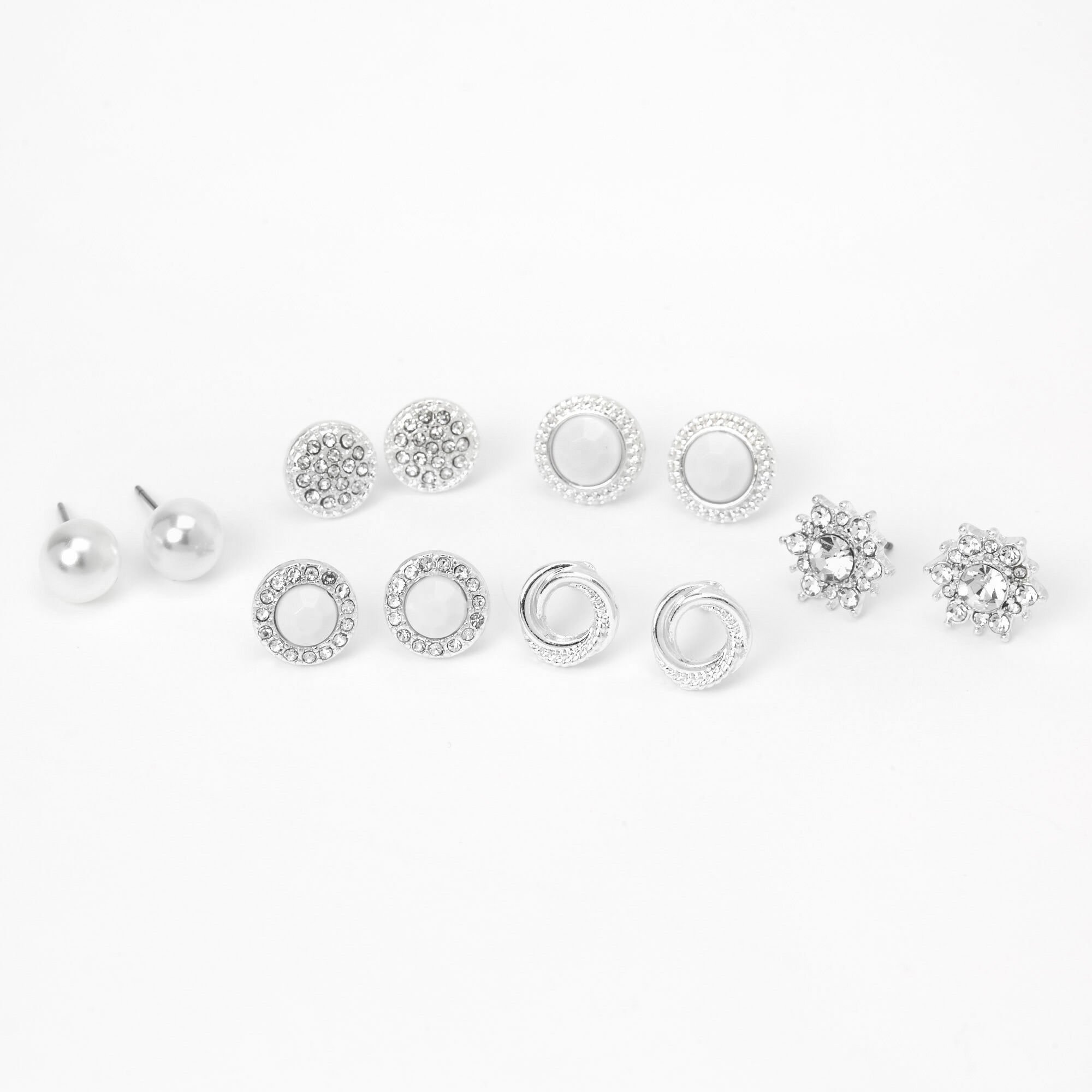 View Claires SilverTone Crystal Pearl Stud Earrings 6 Pack White information