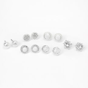 Silver Crystal Pearl Stud Earrings - White, 6 Pack,