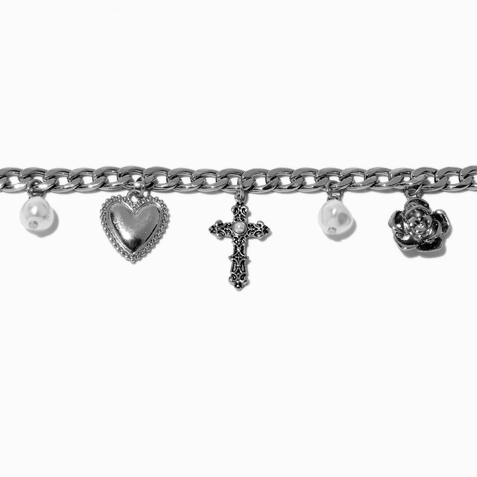Silver-tone Cross, Heart, Rose & Pearl Charm Bracelet