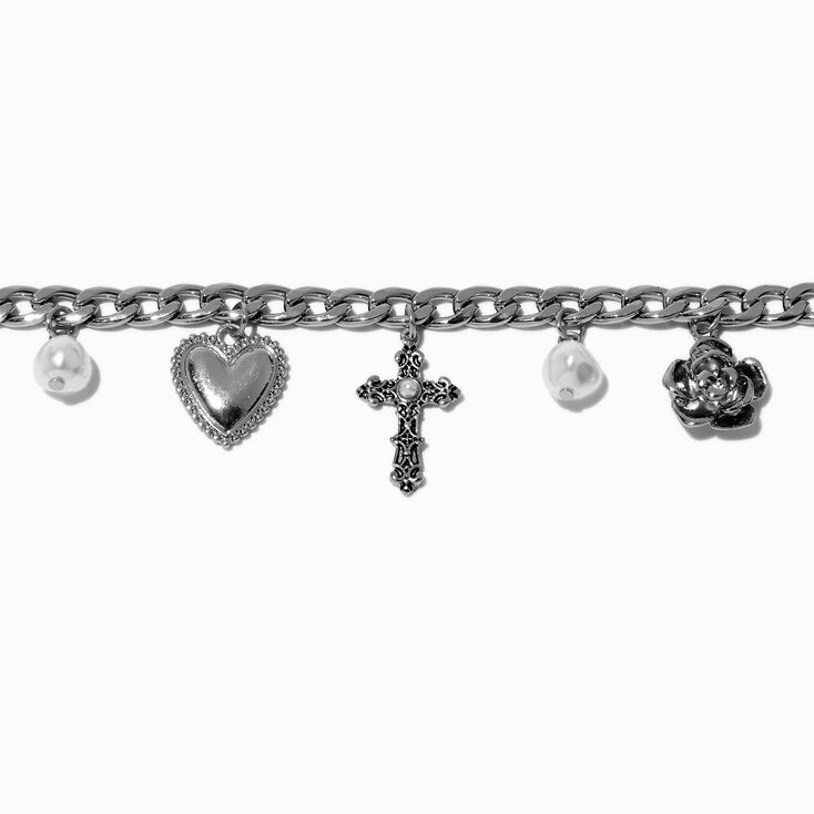 Silver-tone Cross, Heart, Rose &amp; Pearl Charm Bracelet,