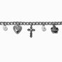 Silver-tone Cross, Heart, Rose &amp; Pearl Charm Bracelet,