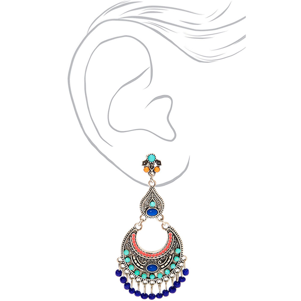 Silver 3" Beaded Clip On Drop Earrings,
