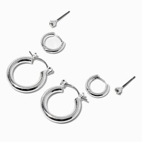 Boucles d&#39;oreilles superposables anneaux tubulaires couleur argent&eacute;e - Lot de 3,