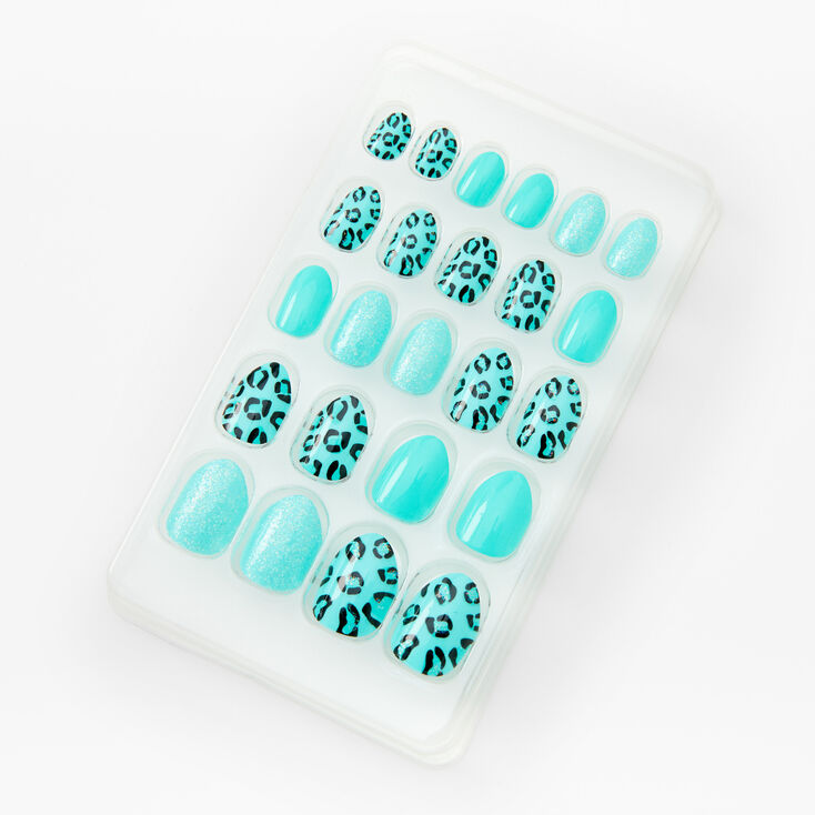 Glitter Teal Leopard Stiletto Vegan Press On Faux Nail Set - 24 Pack,