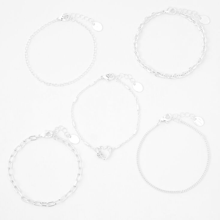 Bracelets de cha&icirc;ne c&oelig;ur couleur argent&eacute;e - Lot de 5,