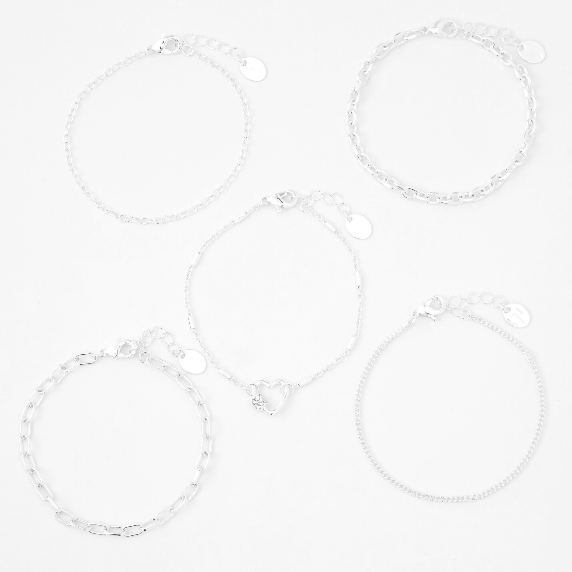 View Claires Tone Heart Chain Bracelets 5 Pack Silver information