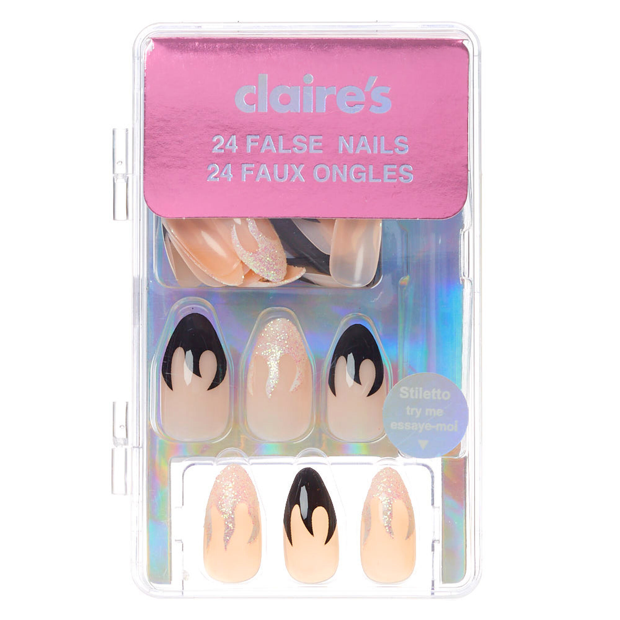 Black & White Flames Stiletto Faux Nail Set - 24 Pack,