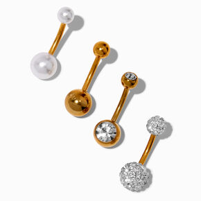 Gold-tone Titanium Pearl Sparkle Luxe 14G Belly Bars - 4 Pack,