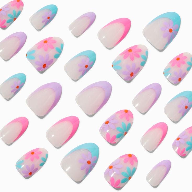 Multi Daisy French Almond Vegan Faux Nail Set - 24 Pack,