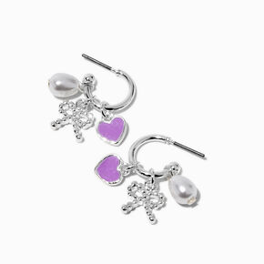 Purple Heart, Pearl &amp; Silver-tone Bow Charm Hoop Earrings,