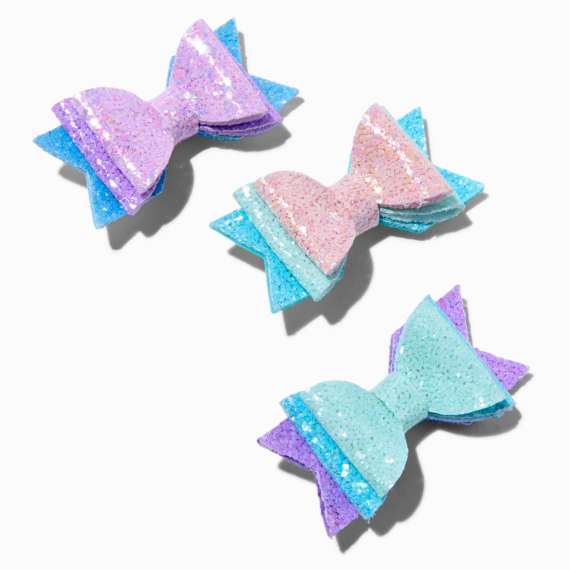 View Claires Club Mermaid Glitter Layered Hair Bow Clips 3 Pack information