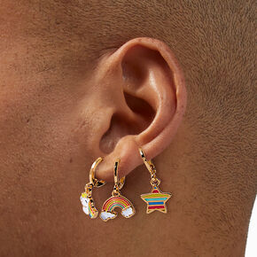 Gold-tone Rainbow Unicorn Huggie Hoop Stackable Earrings - 3 Pack ,