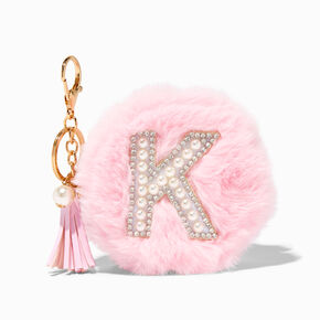 Pink Furry Pearl Initial Coin Purse Keychain - K,