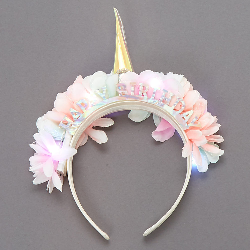 Couronne de fleurs licorne d’anniversaire qui s’allume,