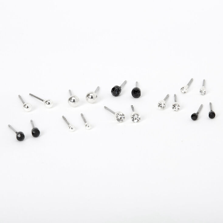 Silver-tone Black Crystal Ball Stud Earrings - 9 Pack,