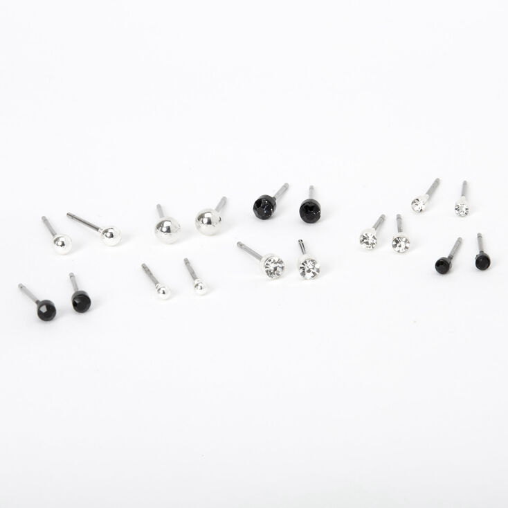 Clous d&#39;oreilles boules avec strass noir couleur argent&eacute; - Lot de 9,