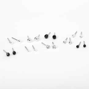 Silver-tone Black Crystal Ball Stud Earrings - 9 Pack,