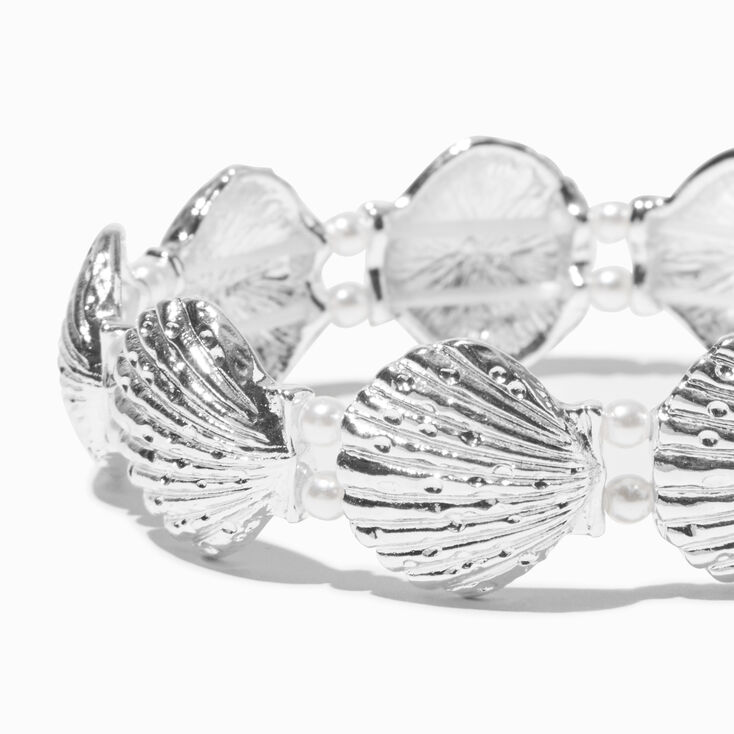 Silver-tone Shell &amp; Pearl Stretch Bracelet,