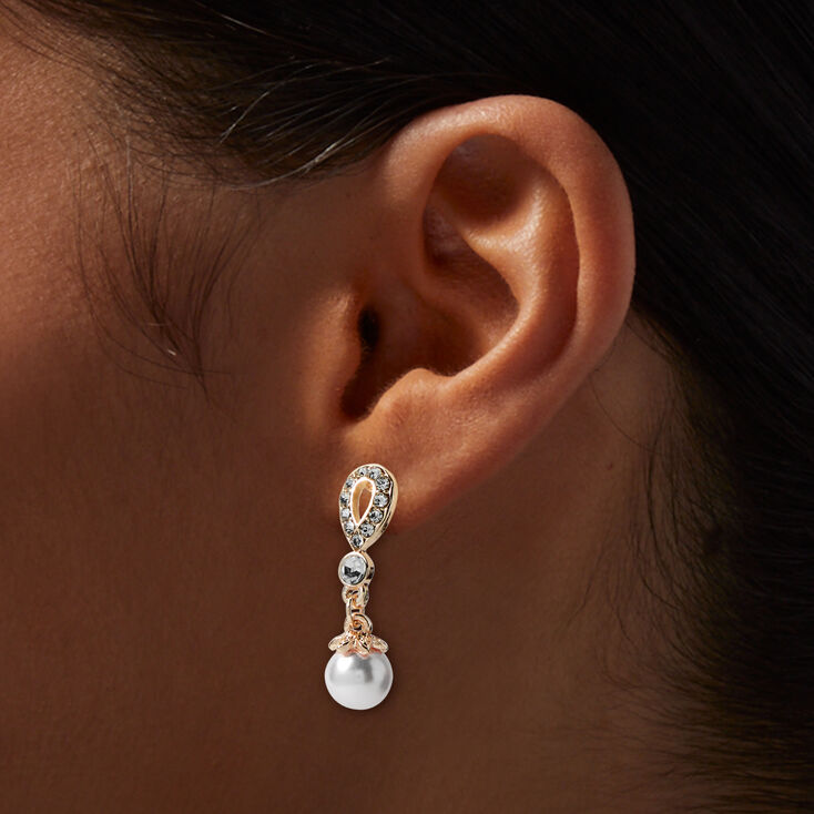 Rose Gold-tone Pearl & Crystal 1" Drop Earrings