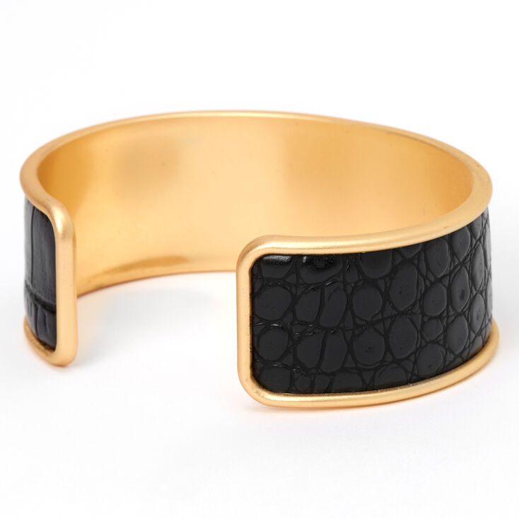 Bracelet manchette large cuir imitation croco noire,