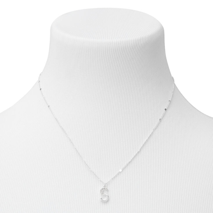 Silver Half Stone Initial Pendant Necklace - S,