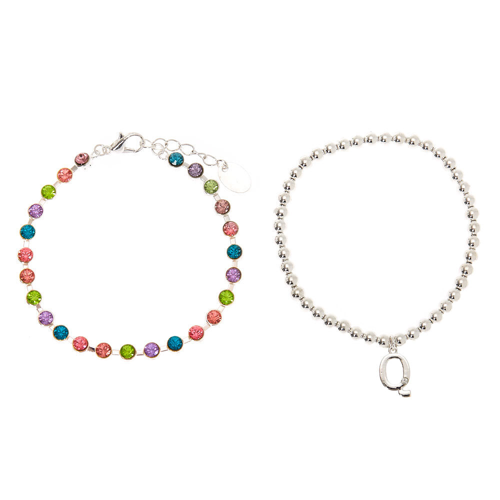 Coffret cadeau parure de bijoux à initiale Q arc-en-ciel couleur argenté - Lot de 4,
