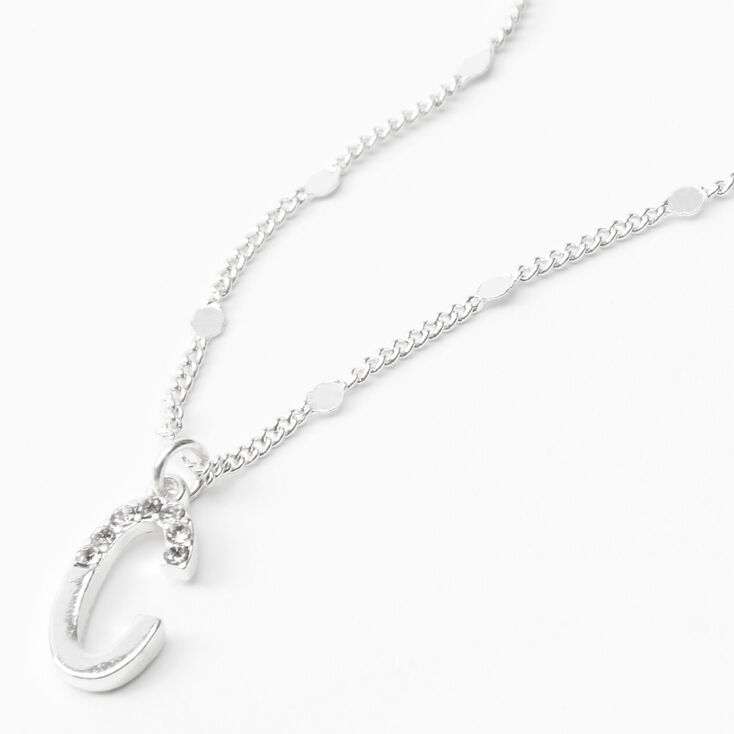 Silver Half Stone Initial Pendant Necklace - C,