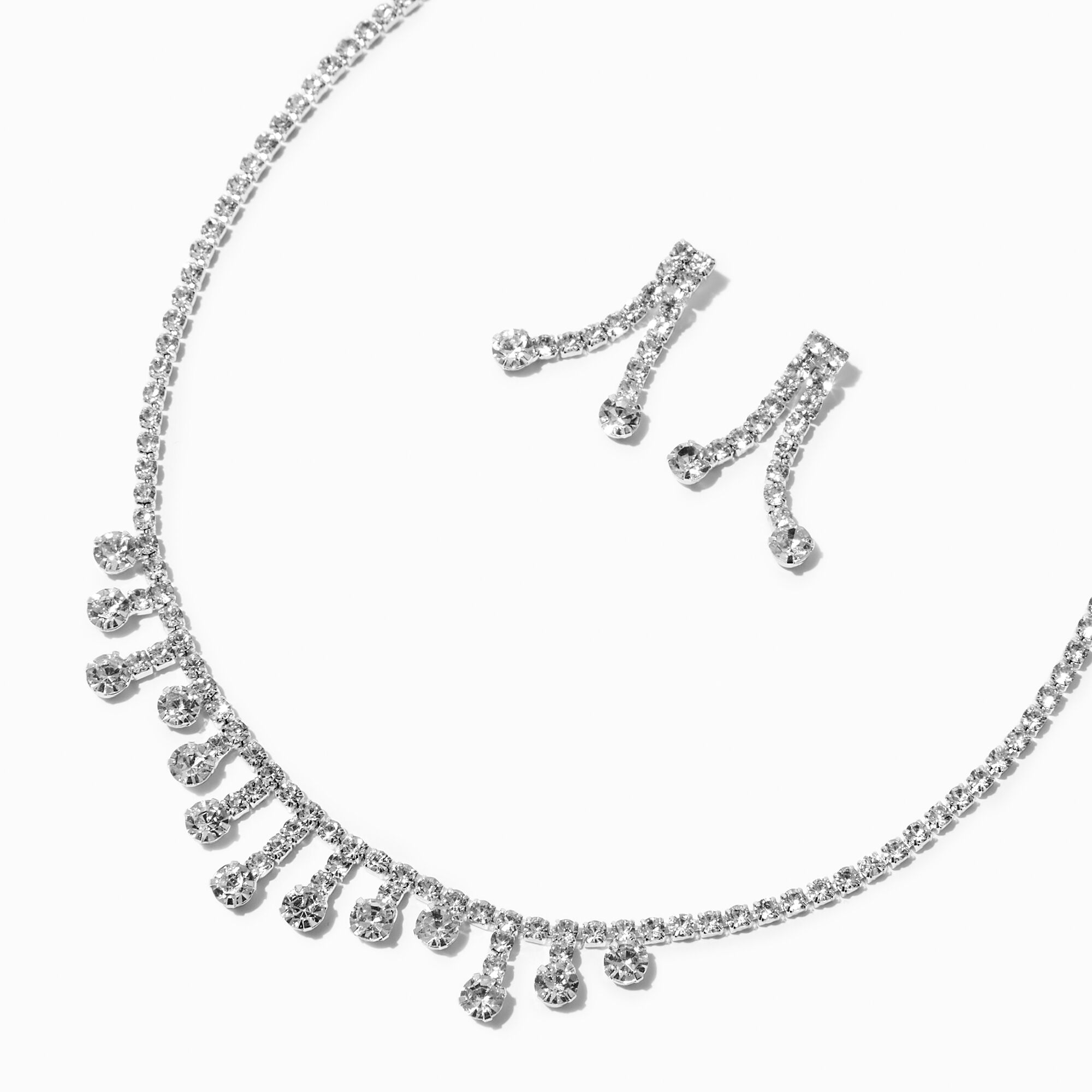 View Claires Tone Crystal Mini Drip Choker Drop Earrings Set 2 Pack Silver information