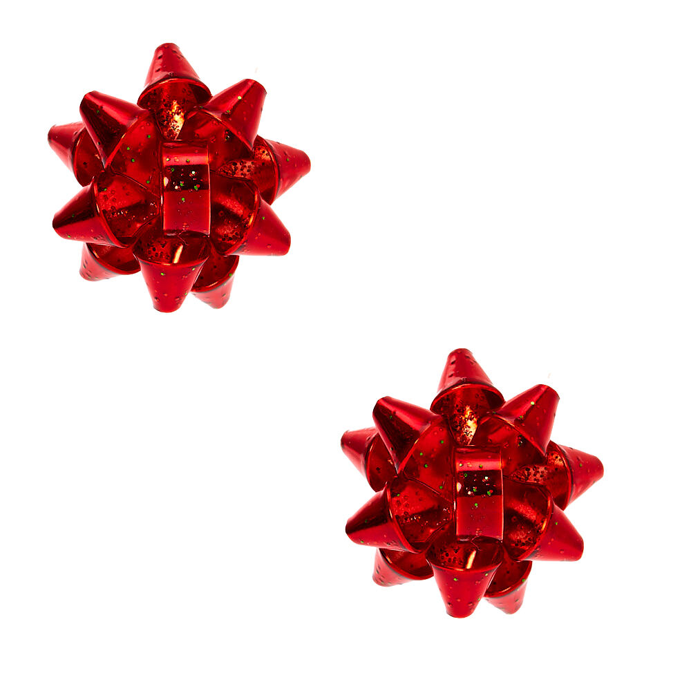 Christmas Bow Clip On Earrings Red