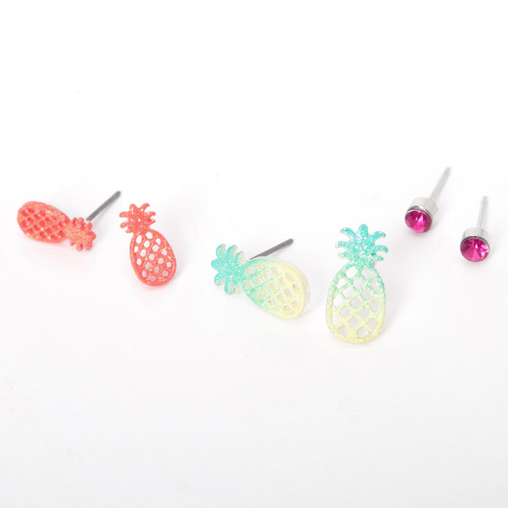 Silver Rainbow Pineapple Stud Earrings - 3 Pack,
