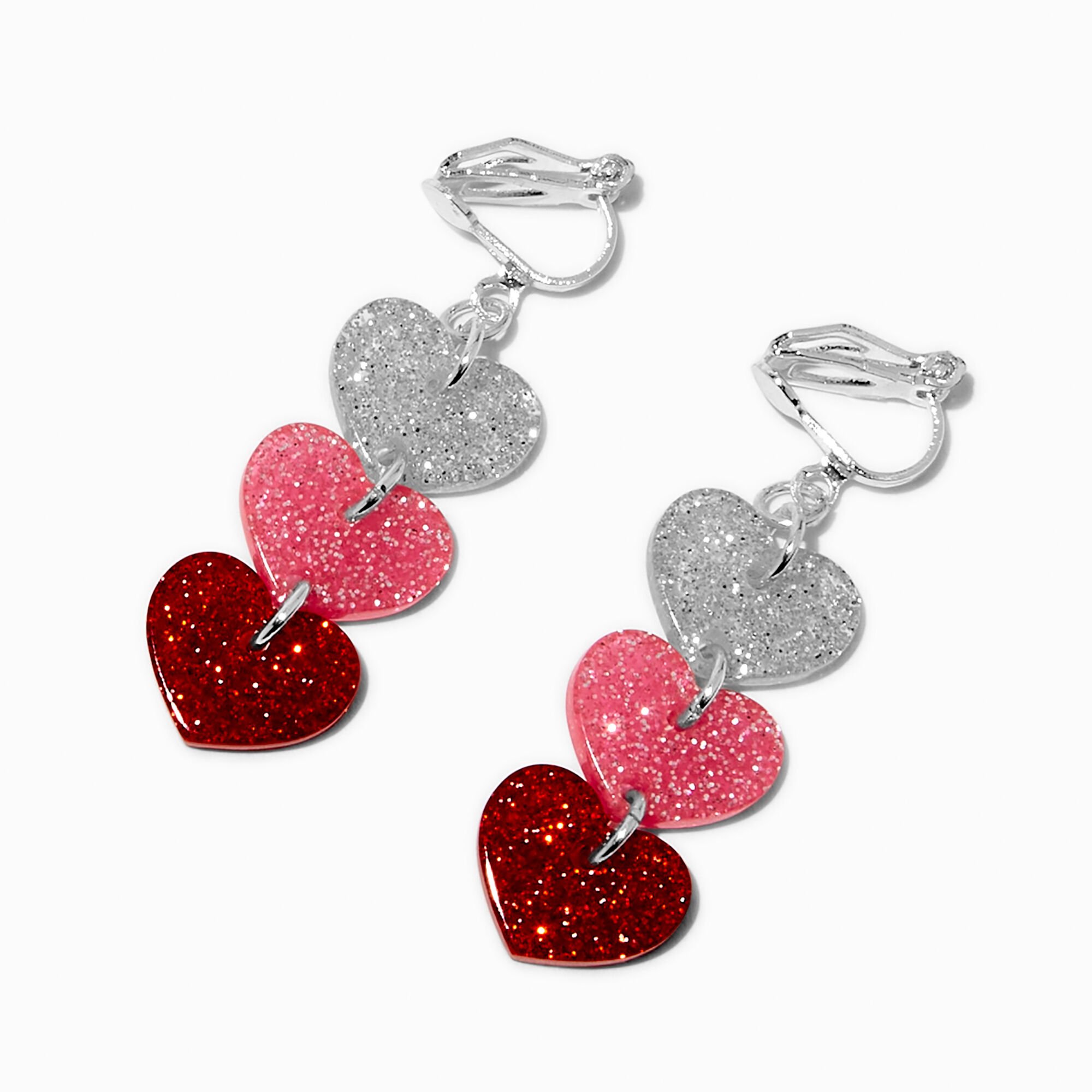 Glitter Three Hearts 1.5" Clip-On Drop Earrings,