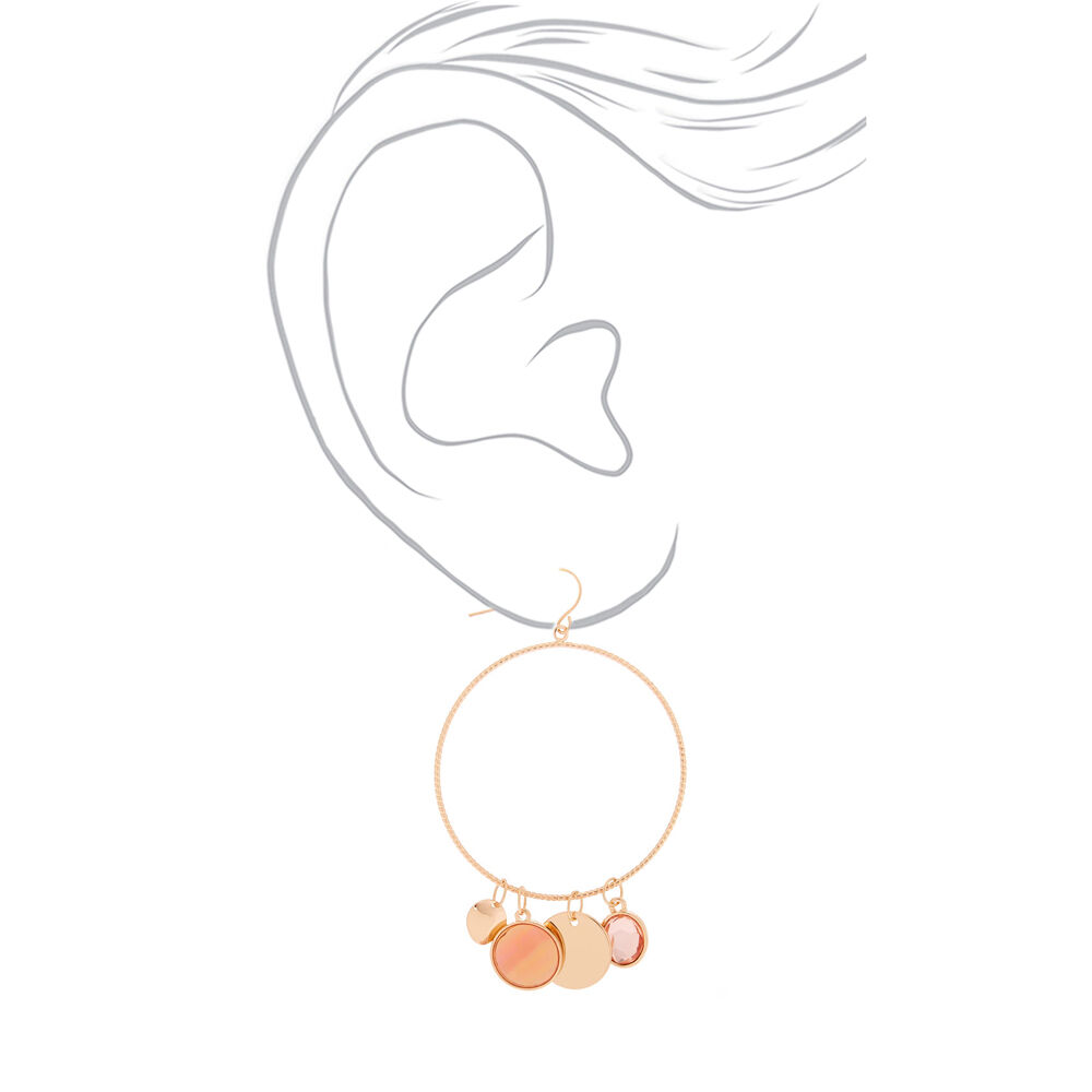 Gold 3" Charm Hoop Drop Earrings - Coral,