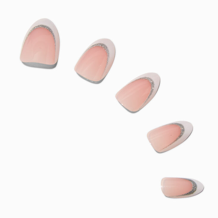 French Tip Glitter Short Almond Vegan Faux Nail Set - 24 Pack,