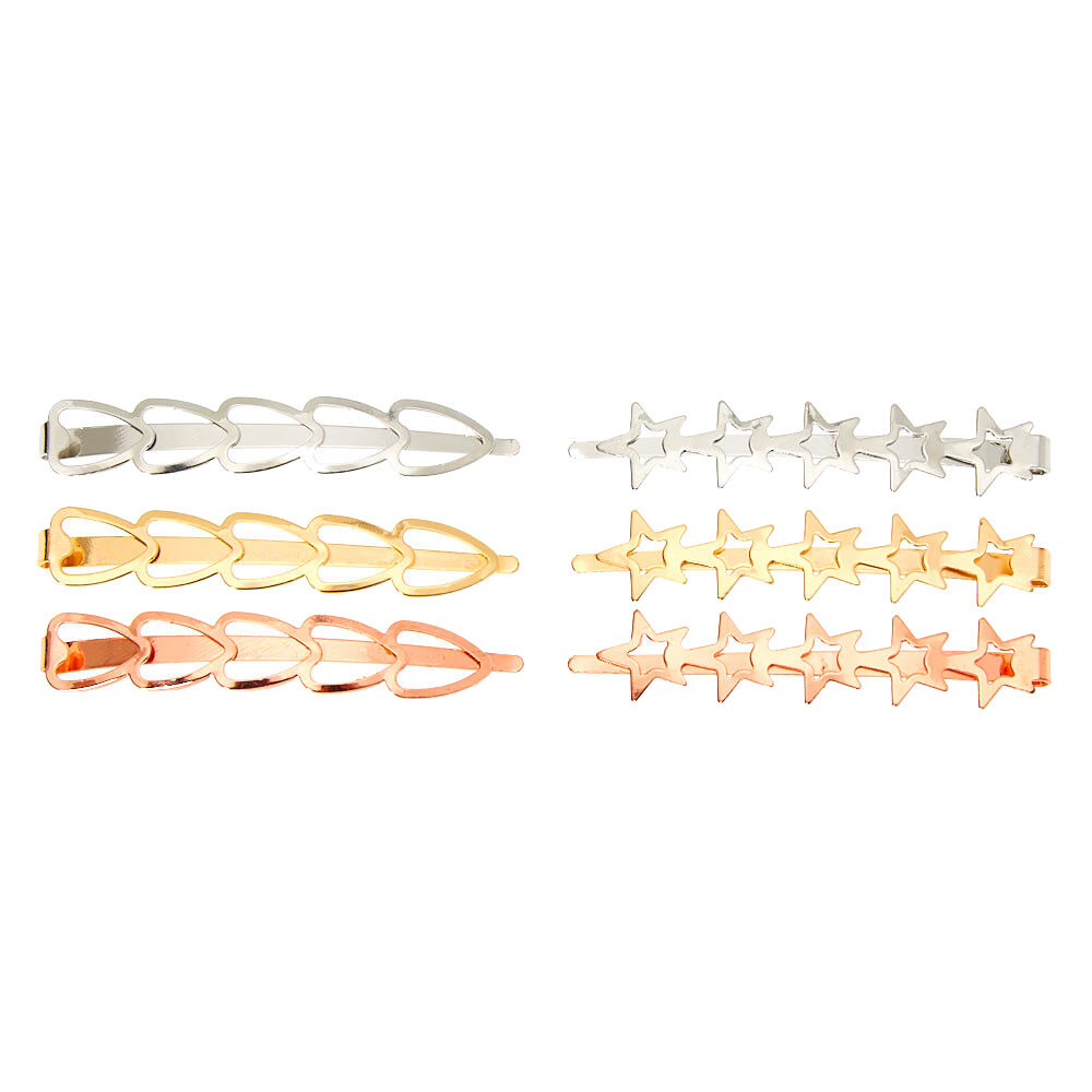 Mixed Metal Heart Star Hair Pins - 6 Pack,