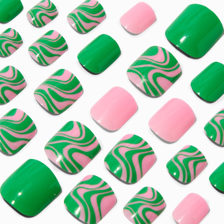 Pink & Green Swirl Square Press On Faux Nail Set - 24 Pack