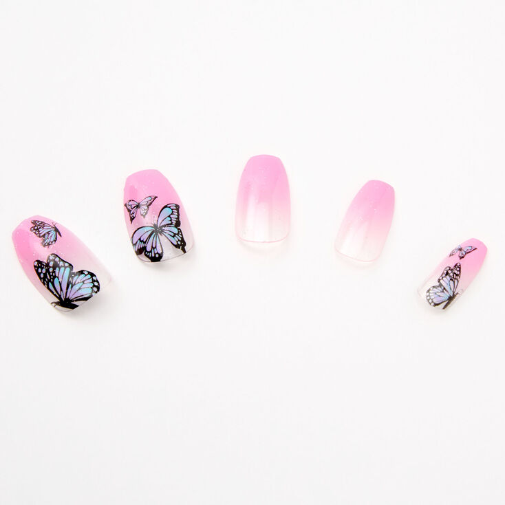 Butterfly Pink Ombre Glitter Coffin Faux Nail Set - 24 Pack,