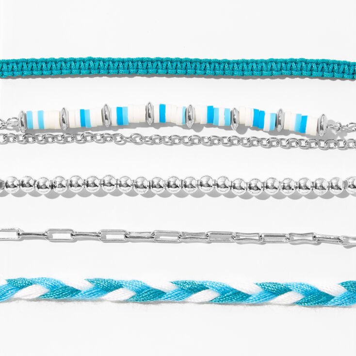 Bracelets tress&eacute;s et perl&eacute;s couleur argent&eacute;e et bleus - Lot de 5,