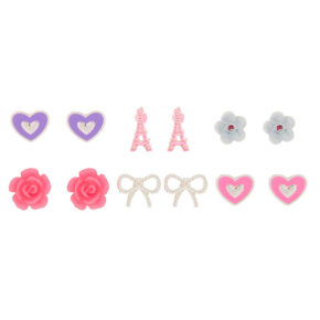 Pink Parisian Love Stud Earrings - 6 Pack,