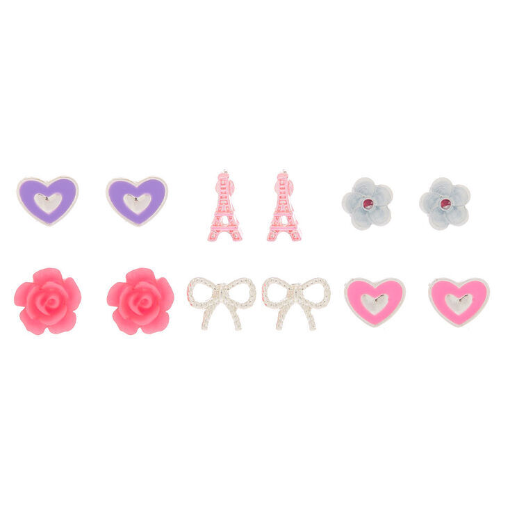 Pink Parisian Love Stud Earrings - 6 Pack,