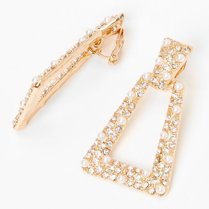 Gold 1.5&quot; Crystal Pearl Door Knocker Clip On Drop Earrings,