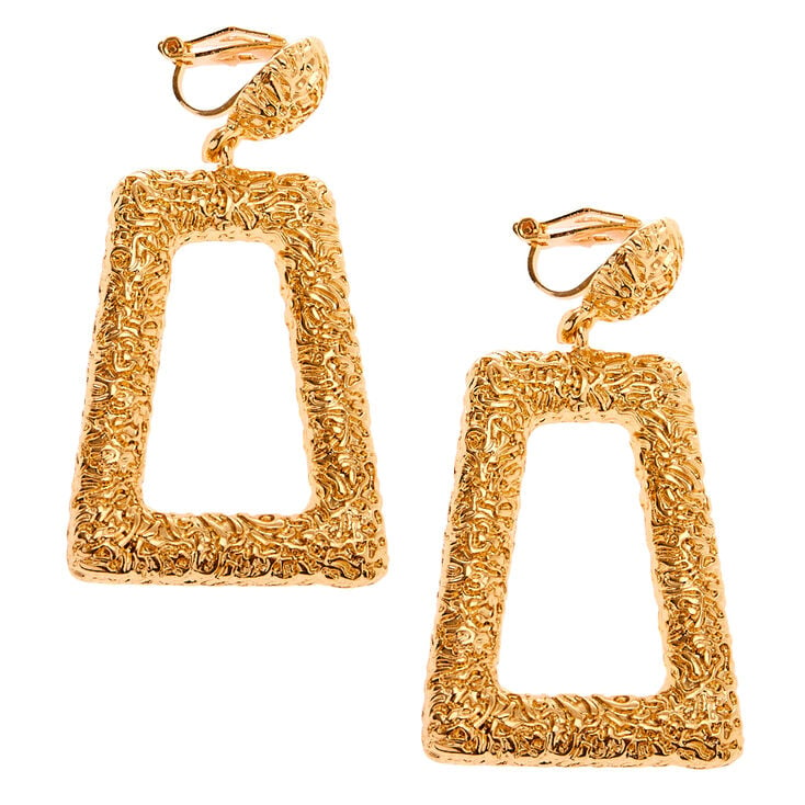 Gold-tone 2&quot; Rectangle Textured Clip On Drop Earrings,