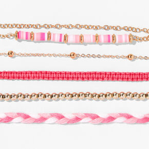 Gold &amp; Pink Beaded &amp; Woven Bracelet Set - 5 Pack,