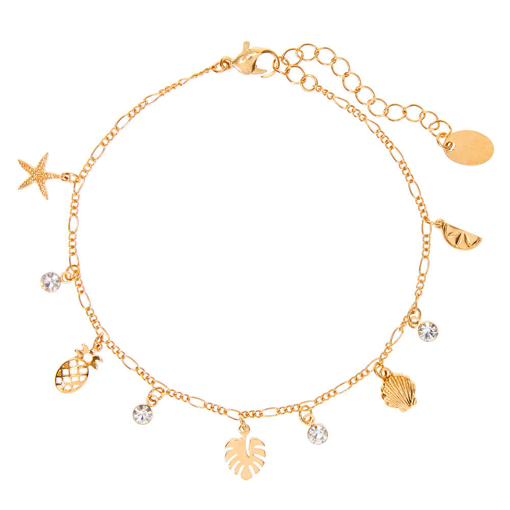 Gold Mushroom White Beaded Charm Chain Anklet | Claire's US