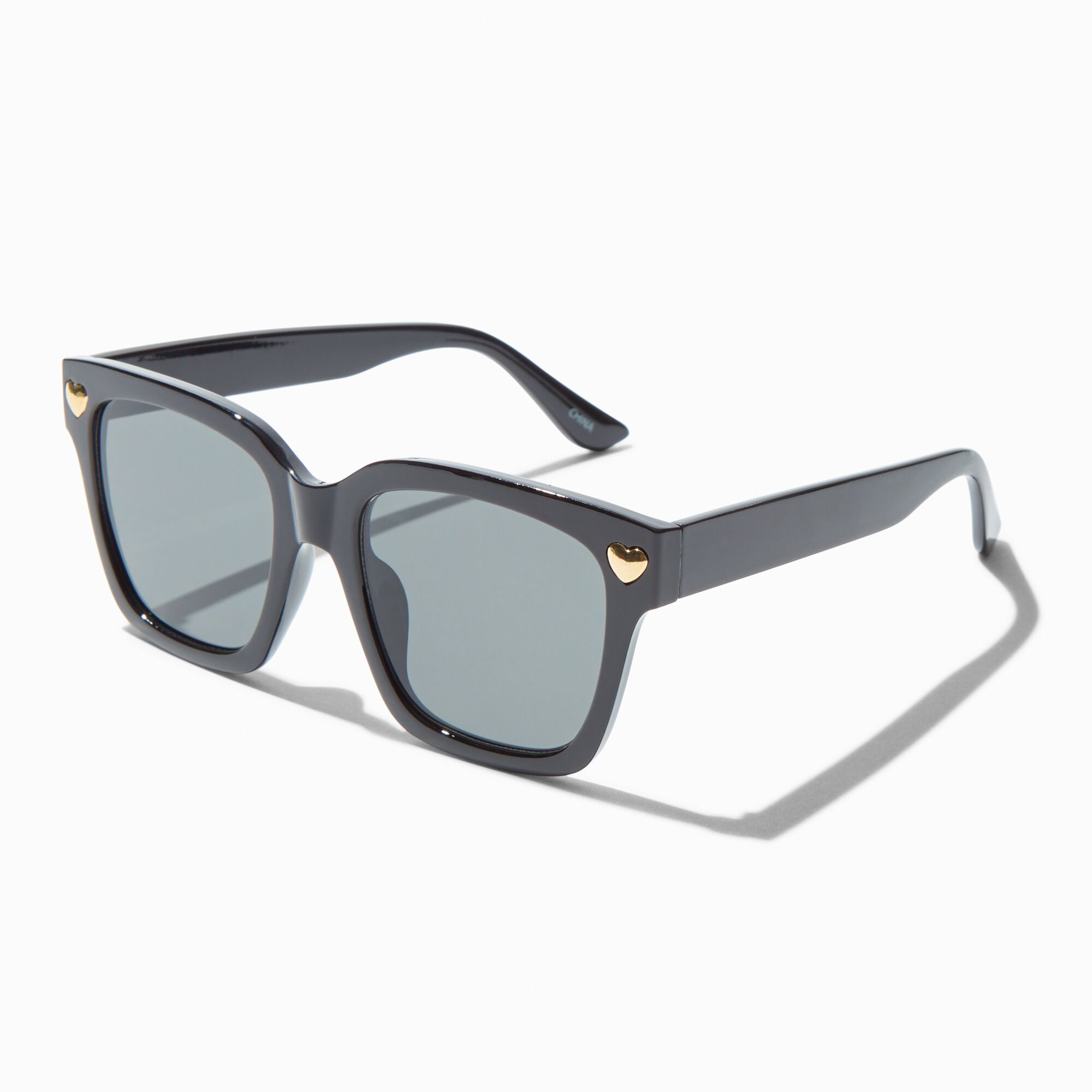 Gold Heart Studded Black Rectangular Sunglasses,