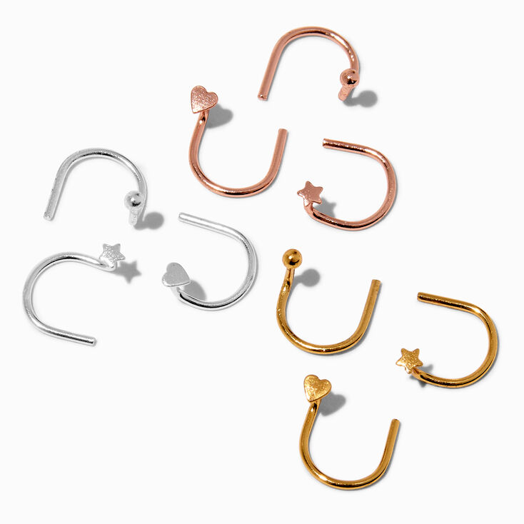 22G Mixed Metal Sterling Silver Star, Hearts, &amp; Balls U-Shaped Nose Studs - 9 Pack ,