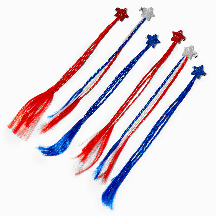 Red, White, &amp; Blue Glitter Stars Braided Faux Hair Clips - 6 Pack,